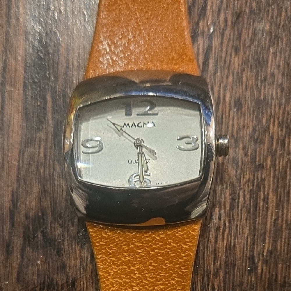 Magna Silver and Tan Leather Watch